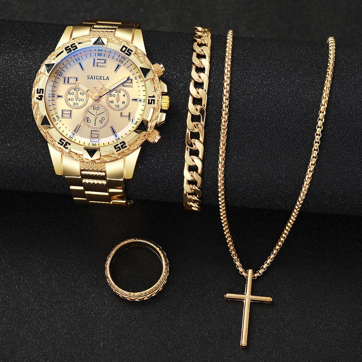 4PCS/Set Fashion Men's Watch Casual Gold Steel Band Analog Male Quartz Watches Jewelry Set（Without Box）