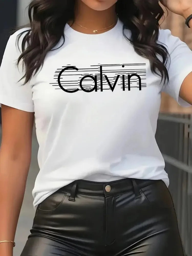 Calvin Women's T-Shirt Leisure Fashion Short Sleeve Cotton Tees High Quality Comfortable Brand T-shirt Summer Streetwear Y2k Top