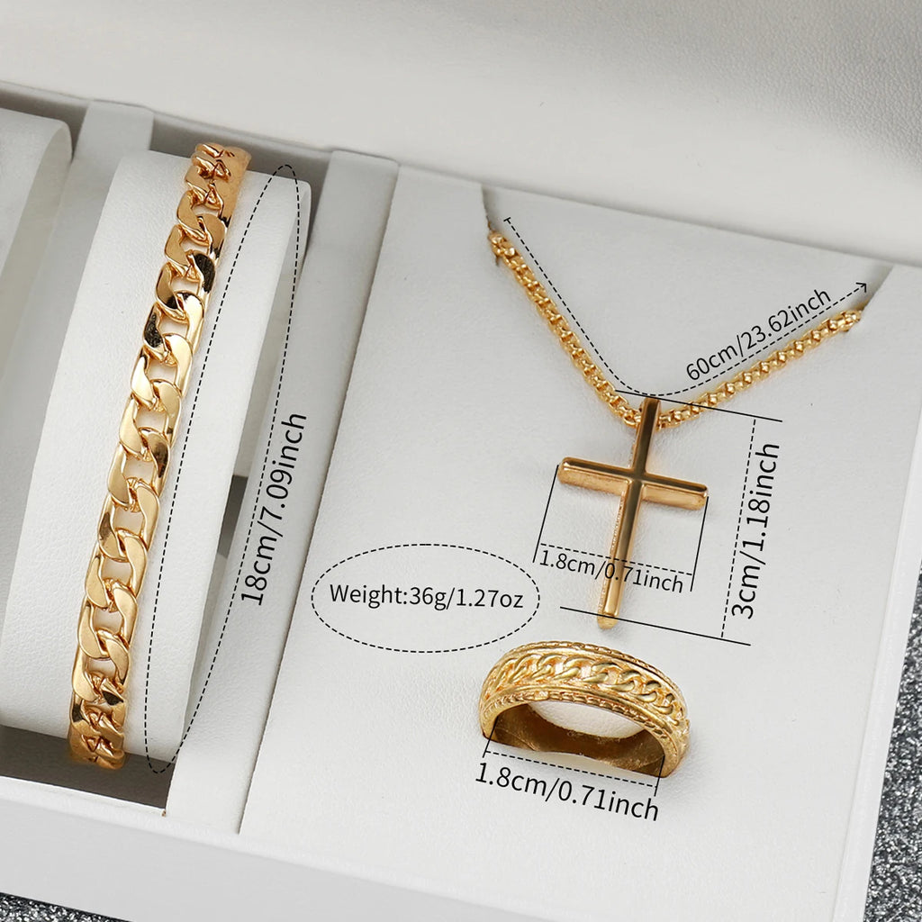 4PCS/Set Fashion Men's Watch Casual Gold Steel Band Analog Male Quartz Watches Jewelry Set（Without Box）