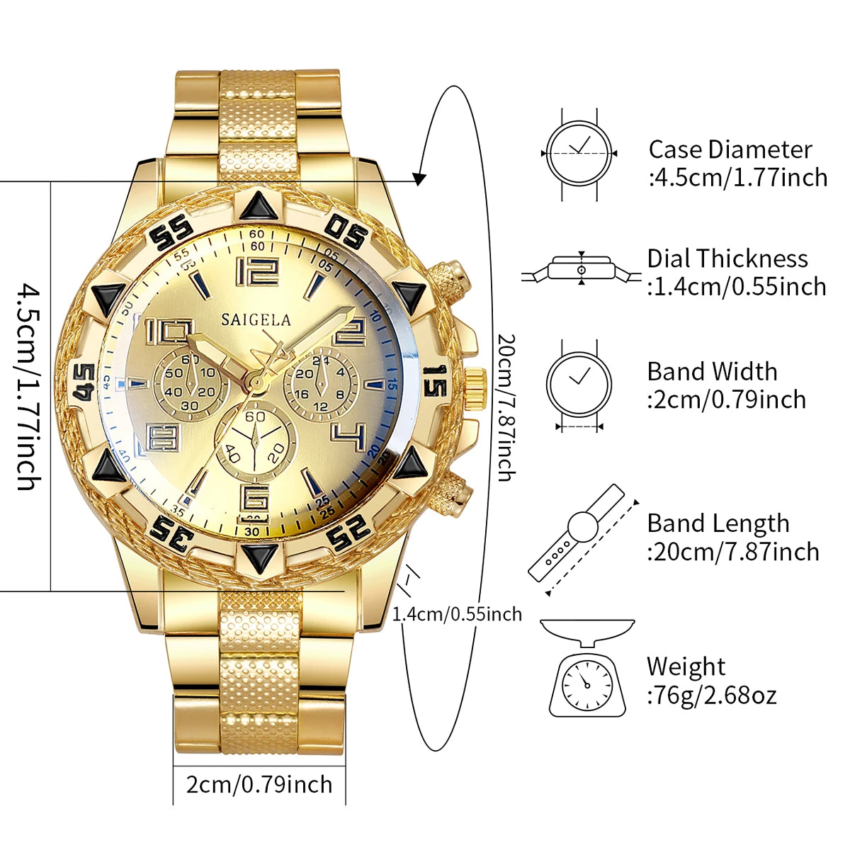 4PCS/Set Fashion Men's Watch Casual Gold Steel Band Analog Male Quartz Watches Jewelry Set（Without Box）