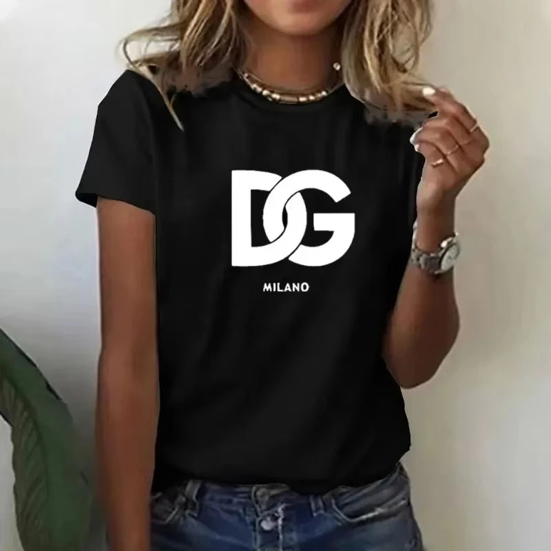 2025 Fashion Ladies Hot Sale Brand Printed T-shirt Casual Letter Simple Pattern Top Summer Short Sleeve Y2k Top Women Clothing