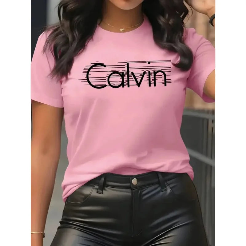 Calvin Women's T-Shirt Leisure Fashion Short Sleeve Cotton Tees High Quality Comfortable Brand T-shirt Summer Streetwear Y2k Top